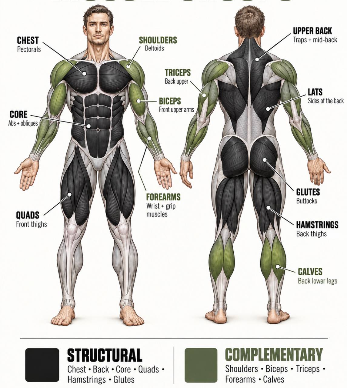 Muscle map showing structural and complementary muscle groups